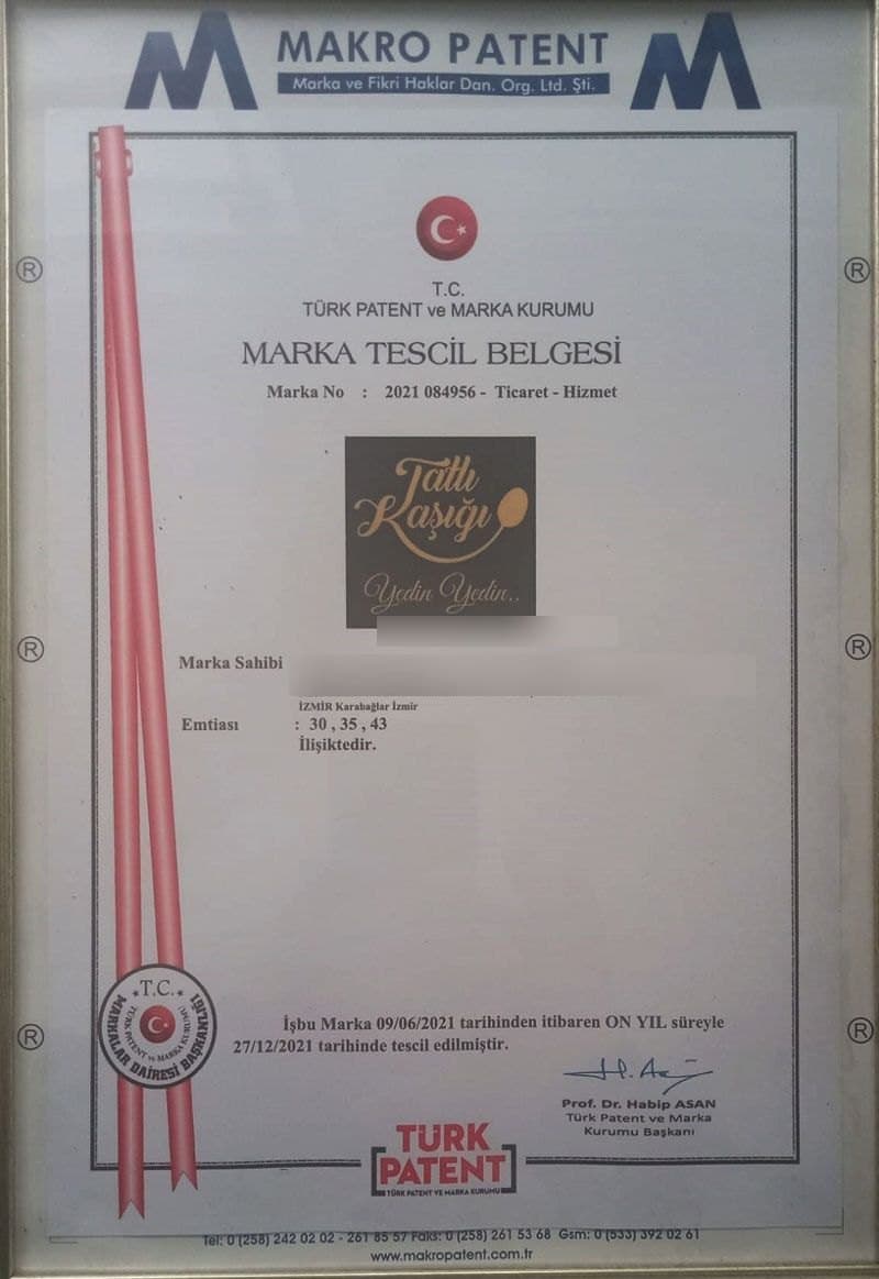 Tatlı Kaşığı Marka Tescil Belgesi — T.C. Türk Patent ve Marka Kurumu